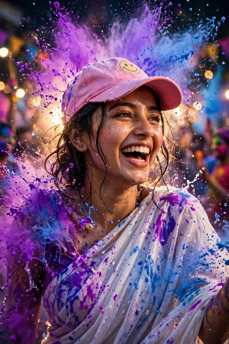 High-speed photography . A woman laughing ioyfully as a cloud of vibrant neon purple and sky-blue Holipowder explodes around her. She is wearing a