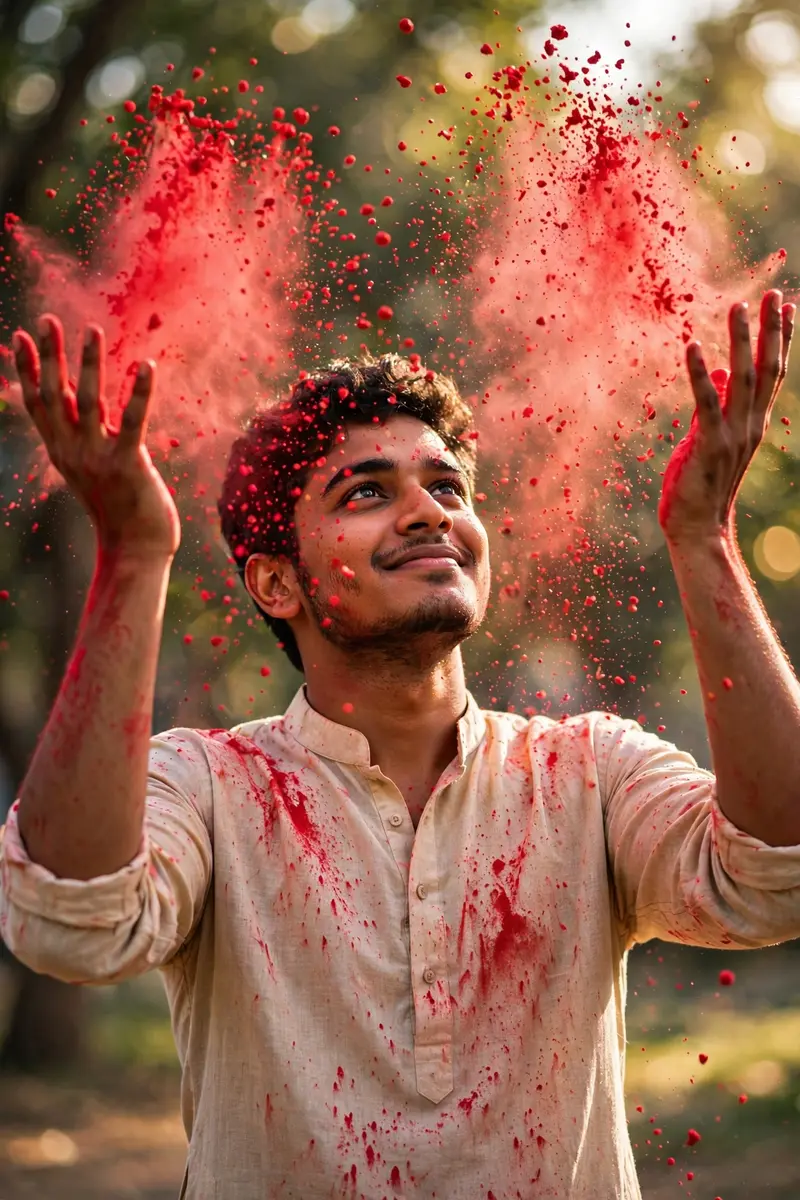 A young Indian man celebrating Holi, tossing bright red color powder (red gulal) into the air with both hands. He is wearing a stylish light beige