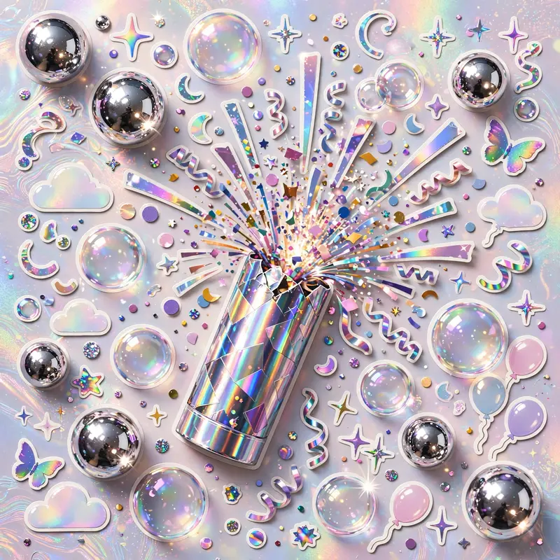 Dreamy holographic sticker-book art style scene featuring a confetti cannon exploding at a party, surrounded by bubbles and sparkle. Chrome-ball