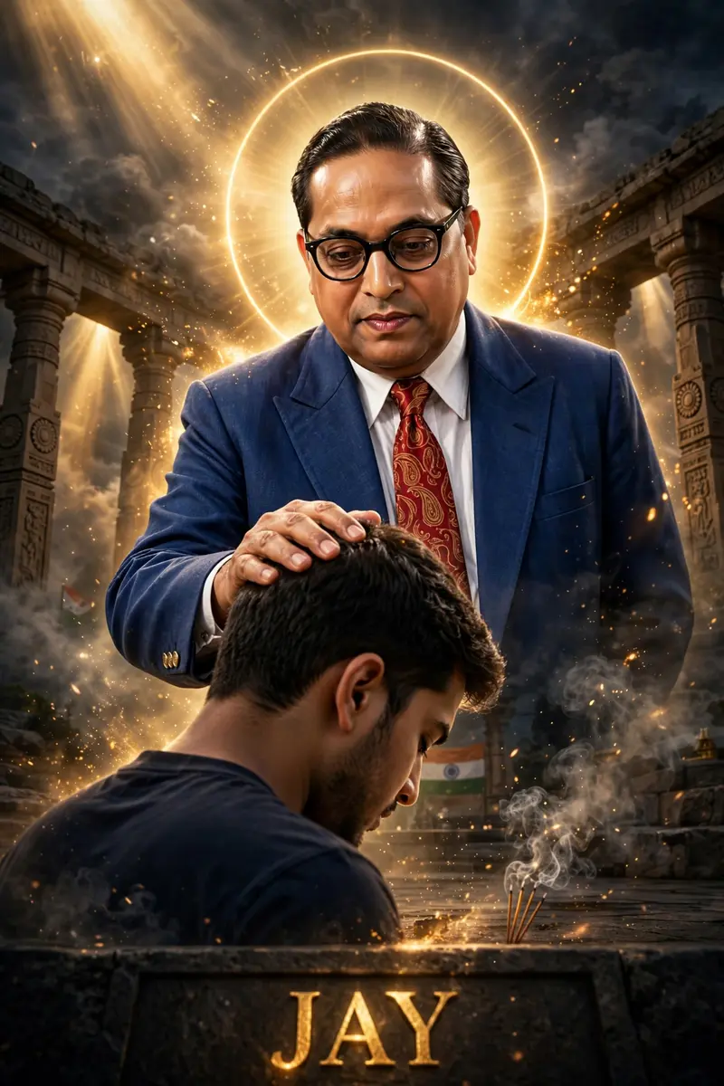 Ultra-realistic cinematic digital art of B.r ambedkar (baba sahab) standing behind a me, B.r ambedkar blessing him by gently placing one hand on his