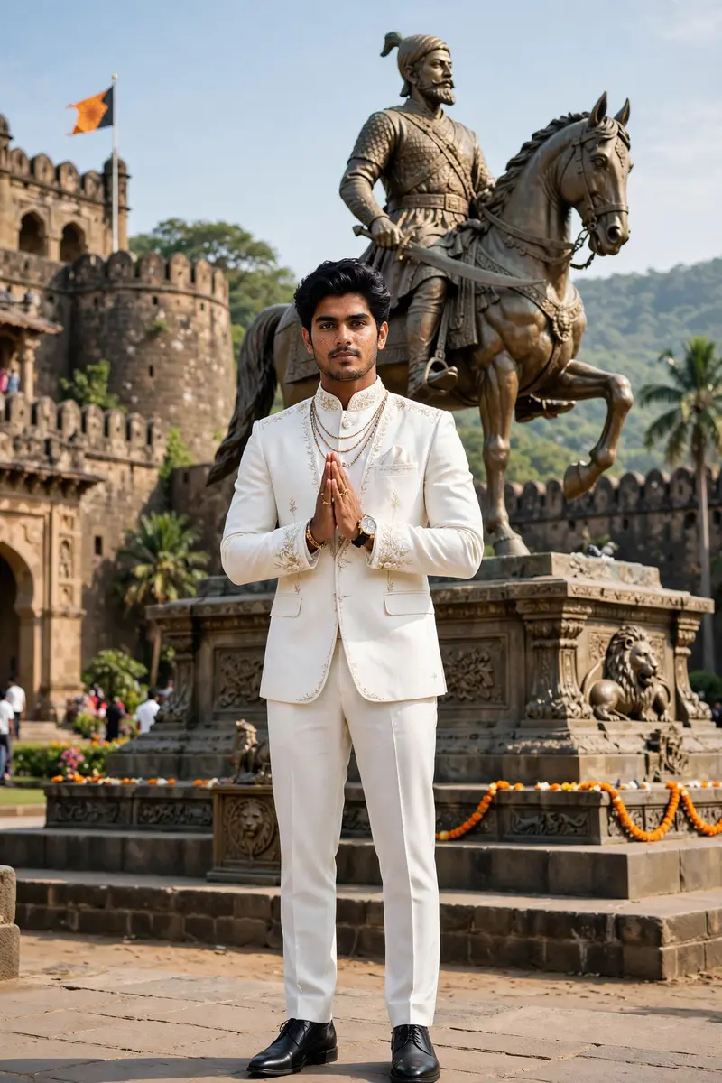 Ultra-realistic cinematic full-body portrait of a regal young Indian man standing in front of a grand and majestic statue of Shri Chhatrapati Shivaji