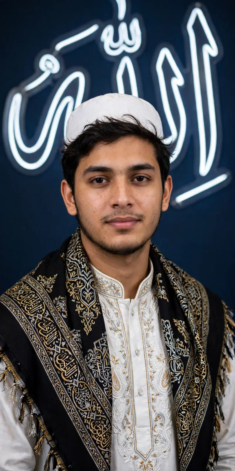 Create a vertical waist-up studio portrait of a young man (Do NOT change the face). He wears an intricately embroidered white traditional kurta and