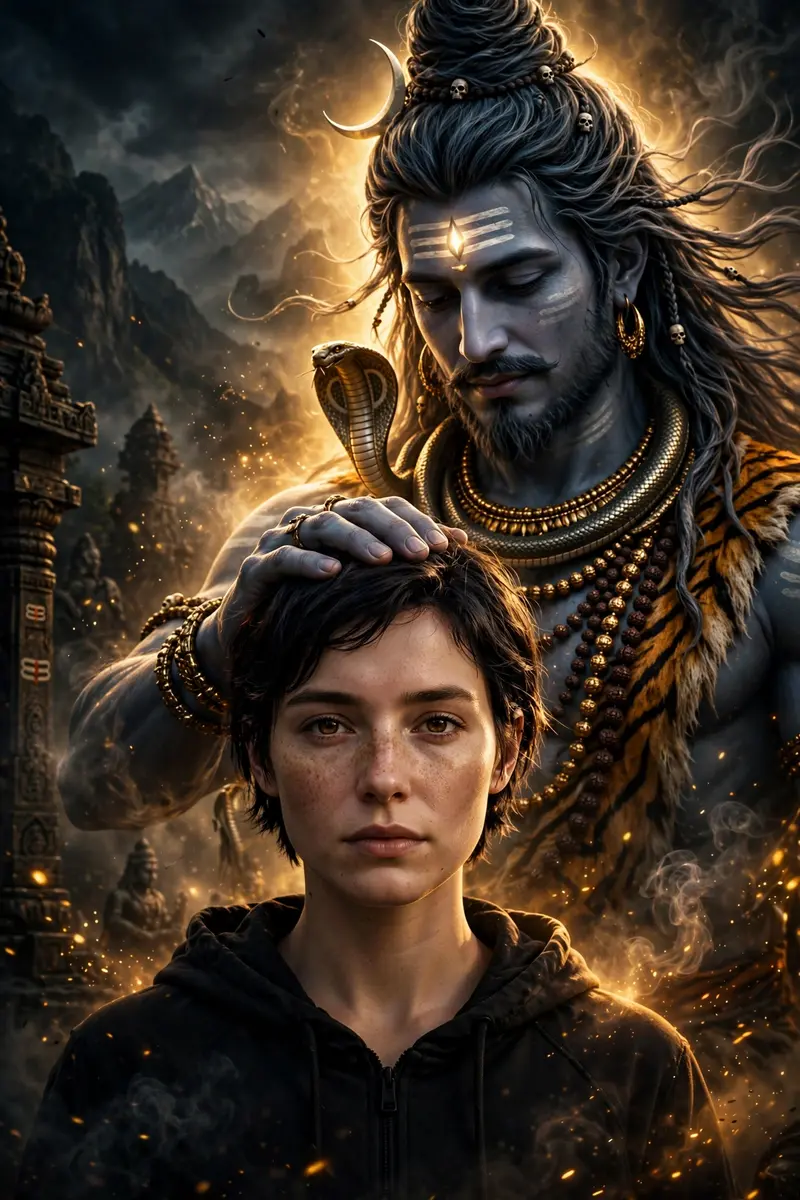 Create a highly dramatic, cinematic portrait using the uploaded photo of a person. Behind the person, generate a massive divine guardian inspired by