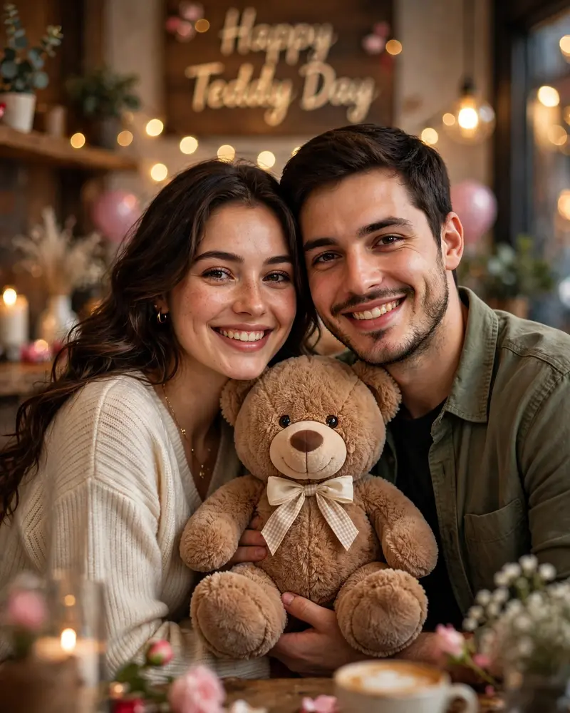 Ultra-realistic romantic Teddy Day (Valentine’s Week) couple portrait, cozy indoor café / romantic lifestyle setting with warm ambient lighting, soft