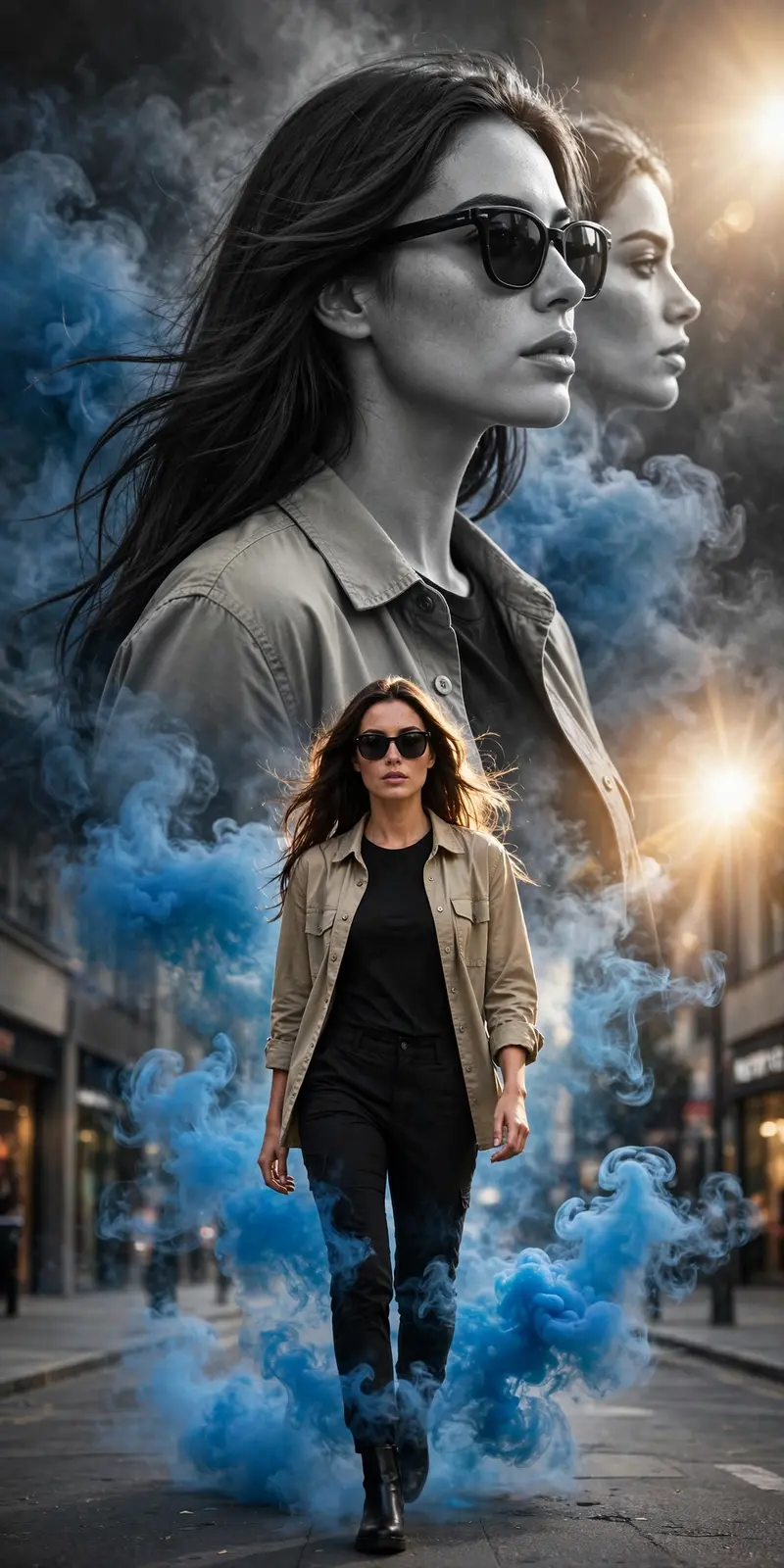 Hyper-realistic cinematic fashion poster, vertical. my, identical to the reference image (no morphing, no alteration). Dual-portrait composition