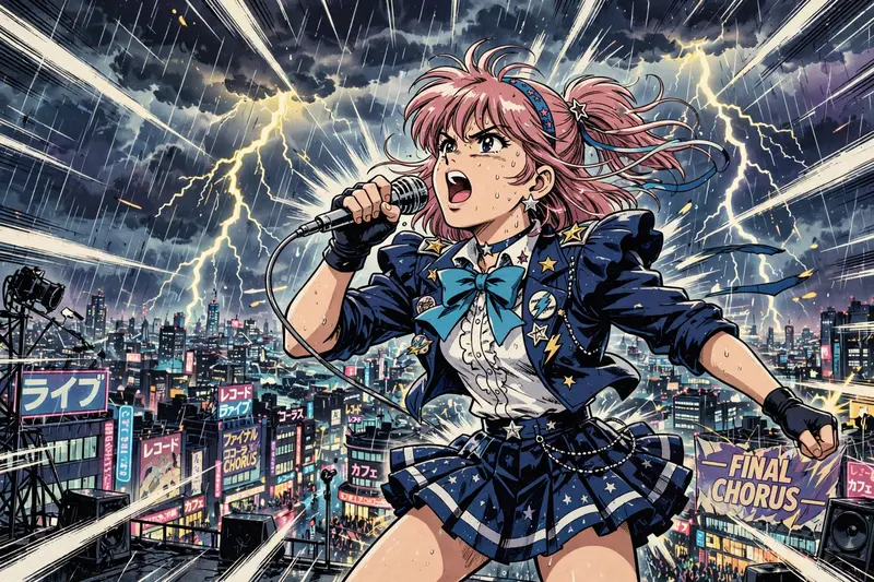 Dynamic anime key visual of an idol singer belting the final chorus, drawn in retro 80s anime aesthetic. Stormy lightning flashes washes the scene