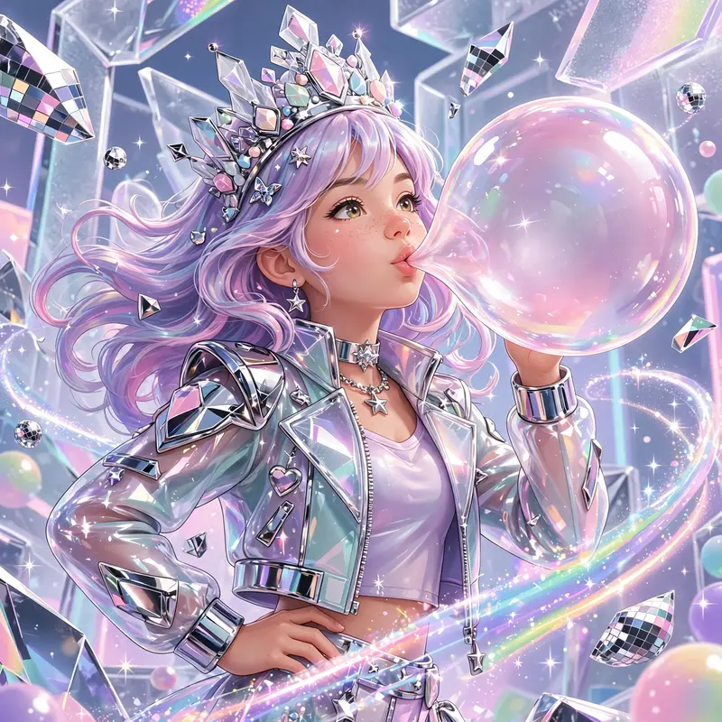 a teen queen blowing a giant bubble-gum bubble captured in frosted-glass futurism illustration, striking a confident pose. Disco-ball light shards