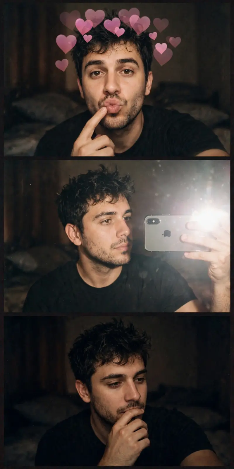 Using the attached face photo exactly as-is, create a vertical 3-frame low- resolution webcam collage. Absolute face rules: Do NOT alter the face