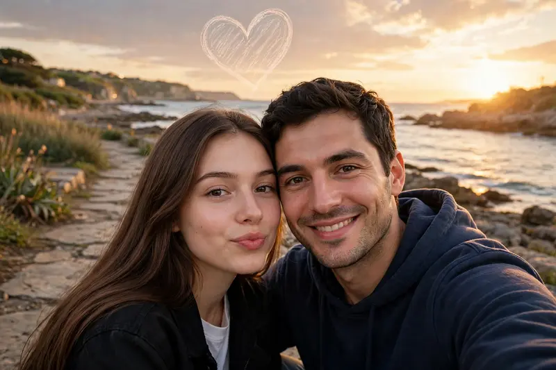 Ultra HD , hyper-realistic cinematic A romantic couple selfie near the seaside during golden hour. The girl has long straight brown hair, natural