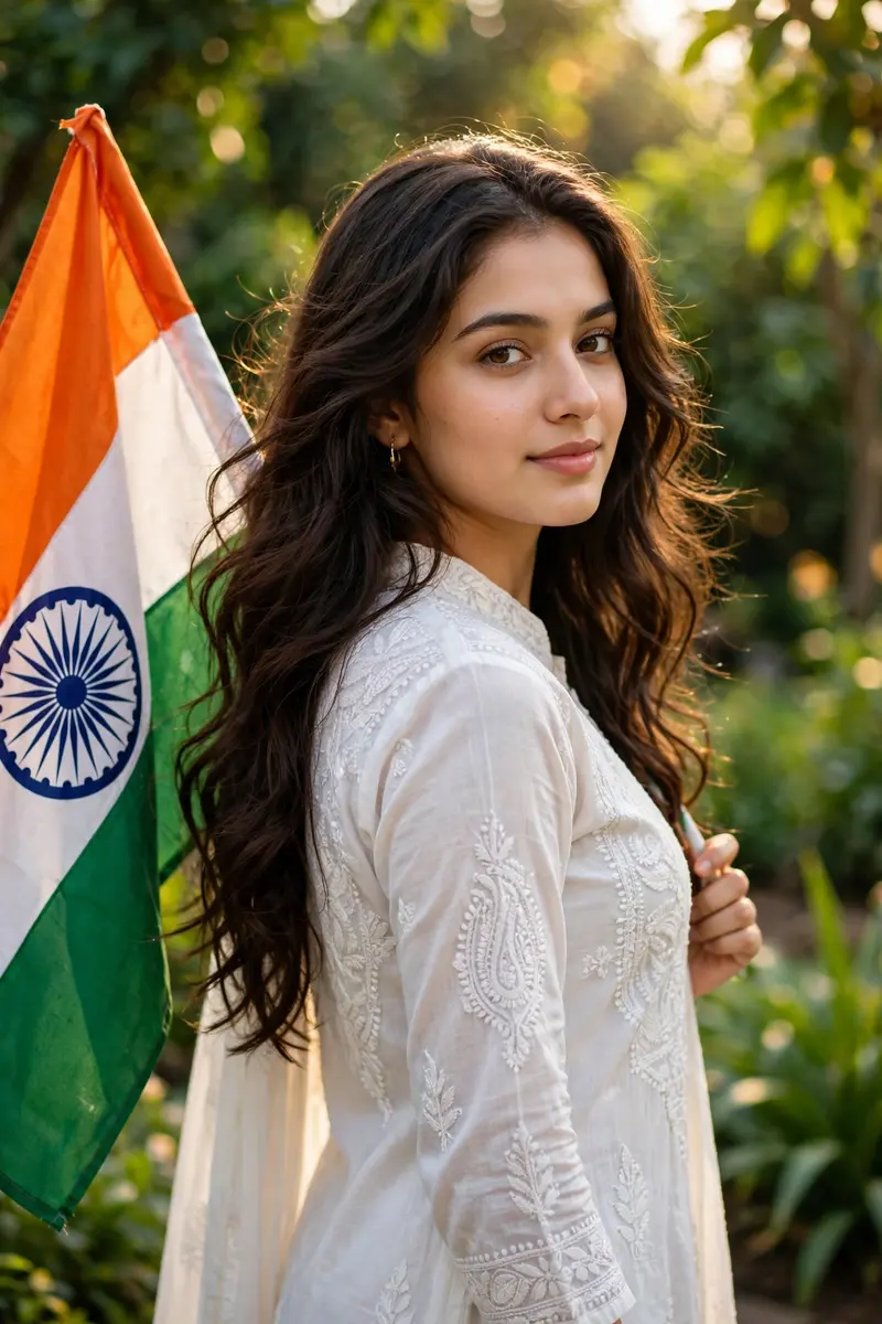 Use this image into "a high-quality, medium shot of a beautiful young woman with long, wavy dark brown hair, looking over her shoulder with a soft