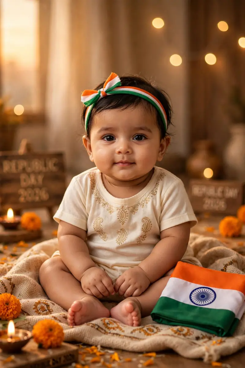 A cinematic portrait of a cute Indian baby girl with a tiny tricolor hairband, sitting calmly and looking at the camera, Indian flag placed beside