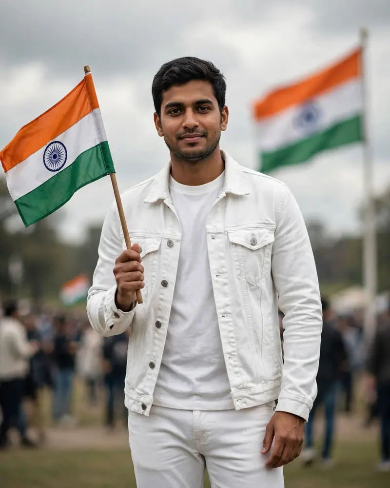 Hyper realistic resolution, natural photo, DSLR photography, style. Using my reference image, keep my face exactly the same, Pose: holding the Indian
