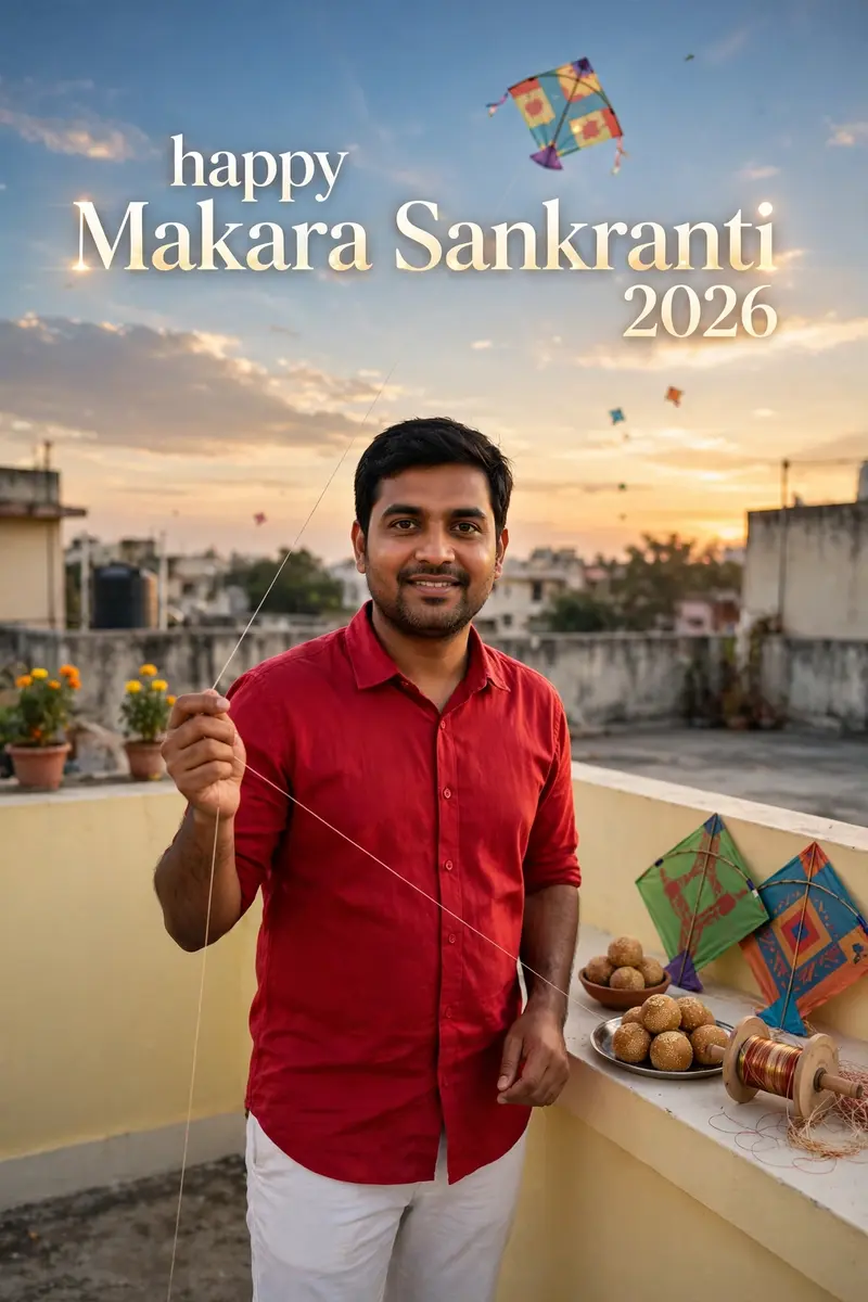 Create a potrait of uploaded Indian man standing on a rooftop. The rooftop wall is neatly painted. He is flying a kite, holding the kite string in
