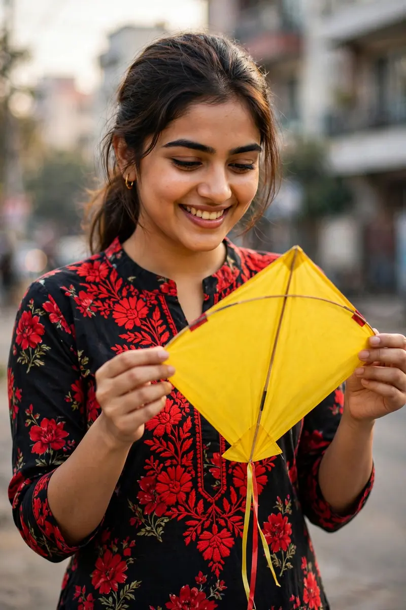 highlights her face and outfit. A beautiful young woman wearing stylish a bright, black, red flower Indian kurti. She has a cute, cheerful smile