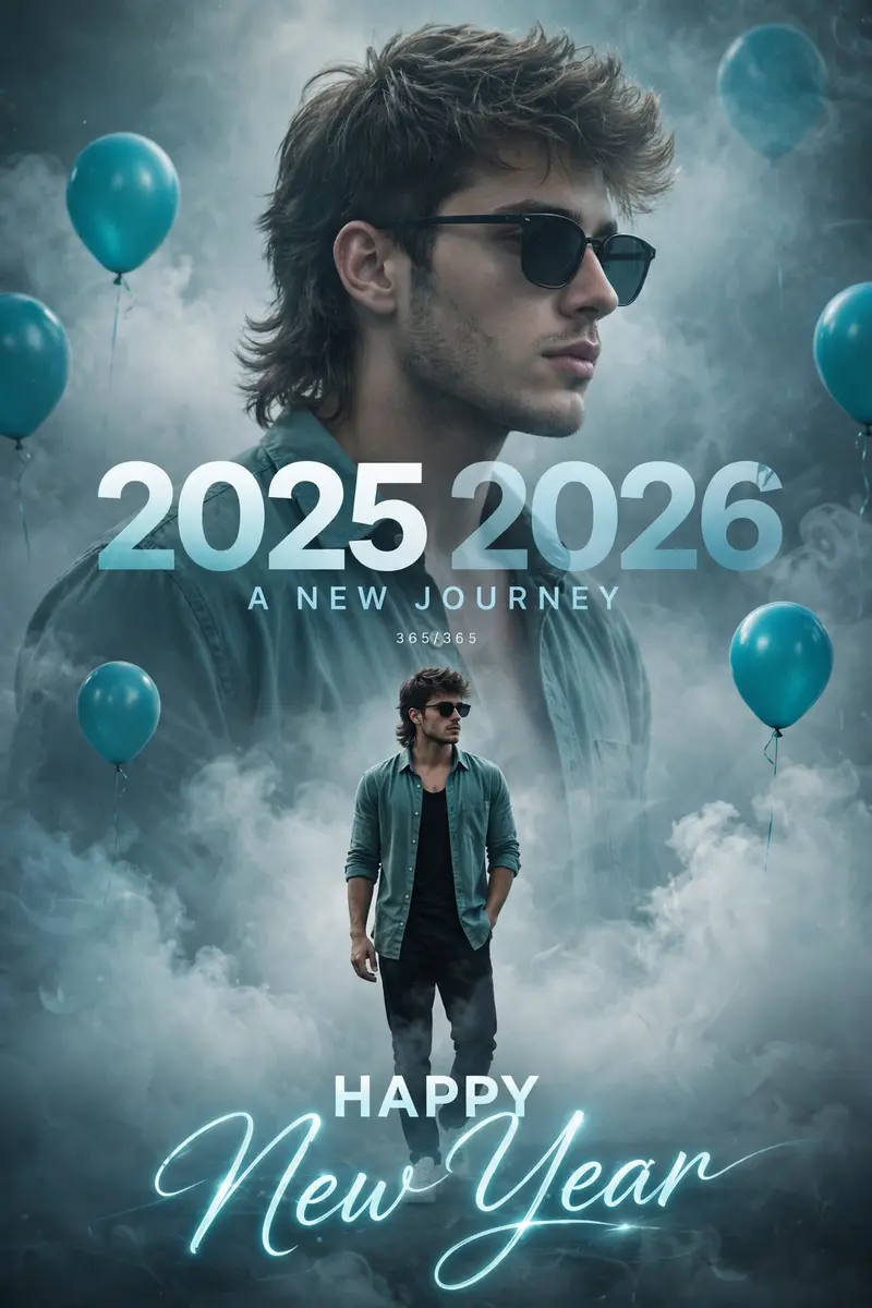 A stylish, cinematic New Year's greeting photo manipulation. A young, cool-looking man with trendy hair (mullet-style) and sunglasses, wearing a