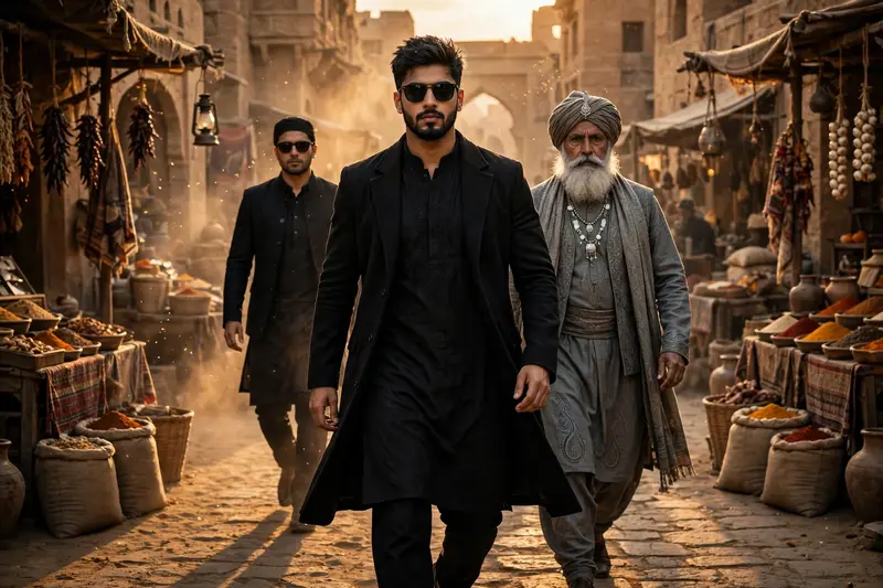 A confident young man walking forward in a dramatic cinematic scene, wearing an all–black kurta pajama with a long black coat, stylish beard, sharp