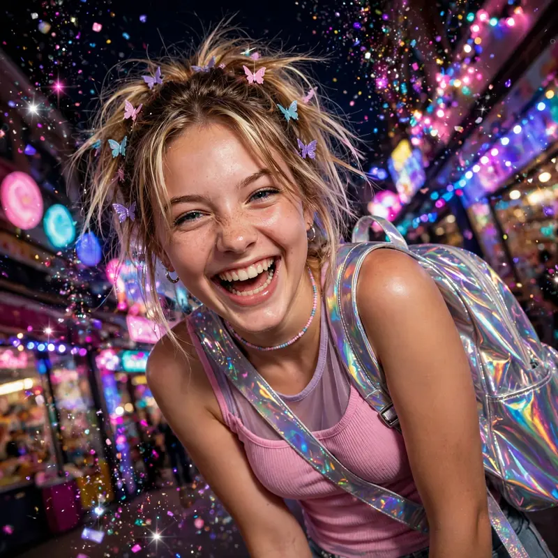 early-2000s teen magazine photography moment with a holographic backpack slung over one shoulder, caught mid-laugh in flash-lit glory. Candy-colored