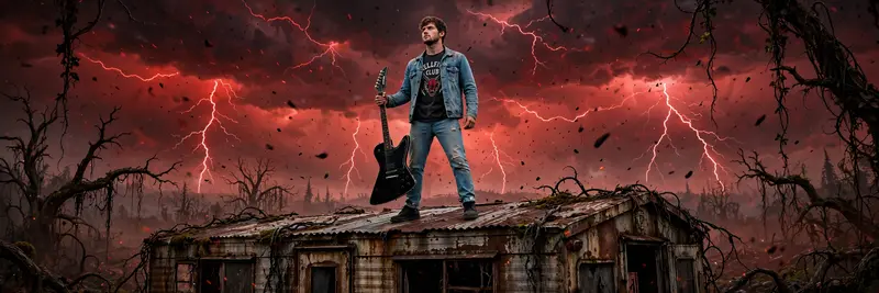 A ultra wide shot of this person standing bravely on the roof of a rusted mobile home trailer. They are wearing a Hellfire Club t-shirt, a light blue