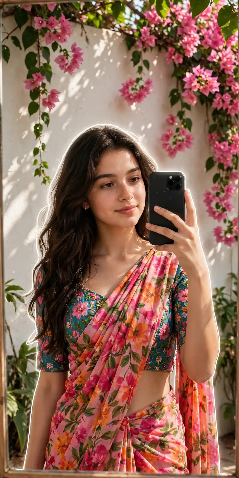 A young girl with a realistic face taking a mirror selfie, wearing a vibrant floral saree and blouse, holding the phone casually with one hand