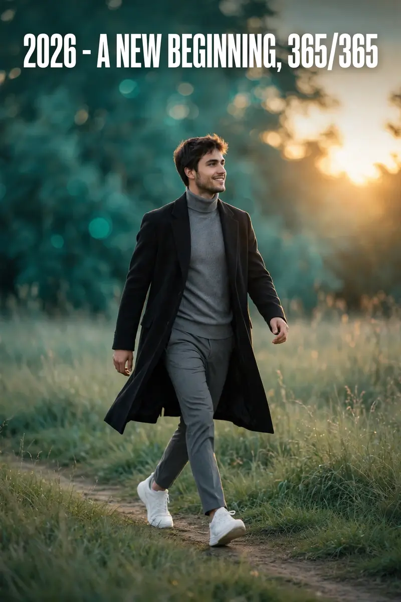 "Full-body shot of a stylish young man walking confidently through a field at golden hour. He wears a long black overcoat, grey turtleneck, grey
