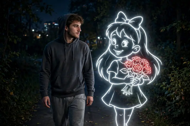 Generate A person(clearly looking his face 100% same facial features of uploaded image) in a hoodie and sweatpants walks along a path at night,ooking