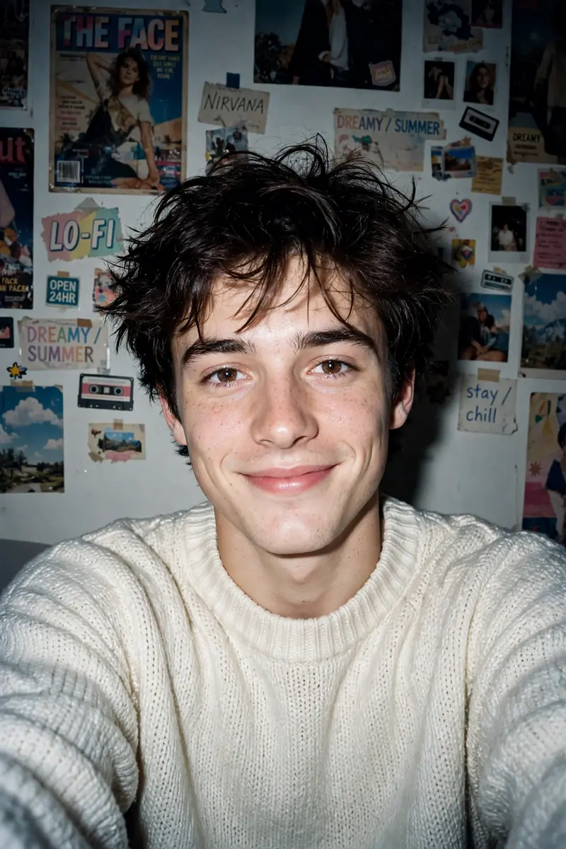 Without changing his original face, create a portrait ofa beautiful young man, captured with a 1990s-stylecamera using a direct front flash. His