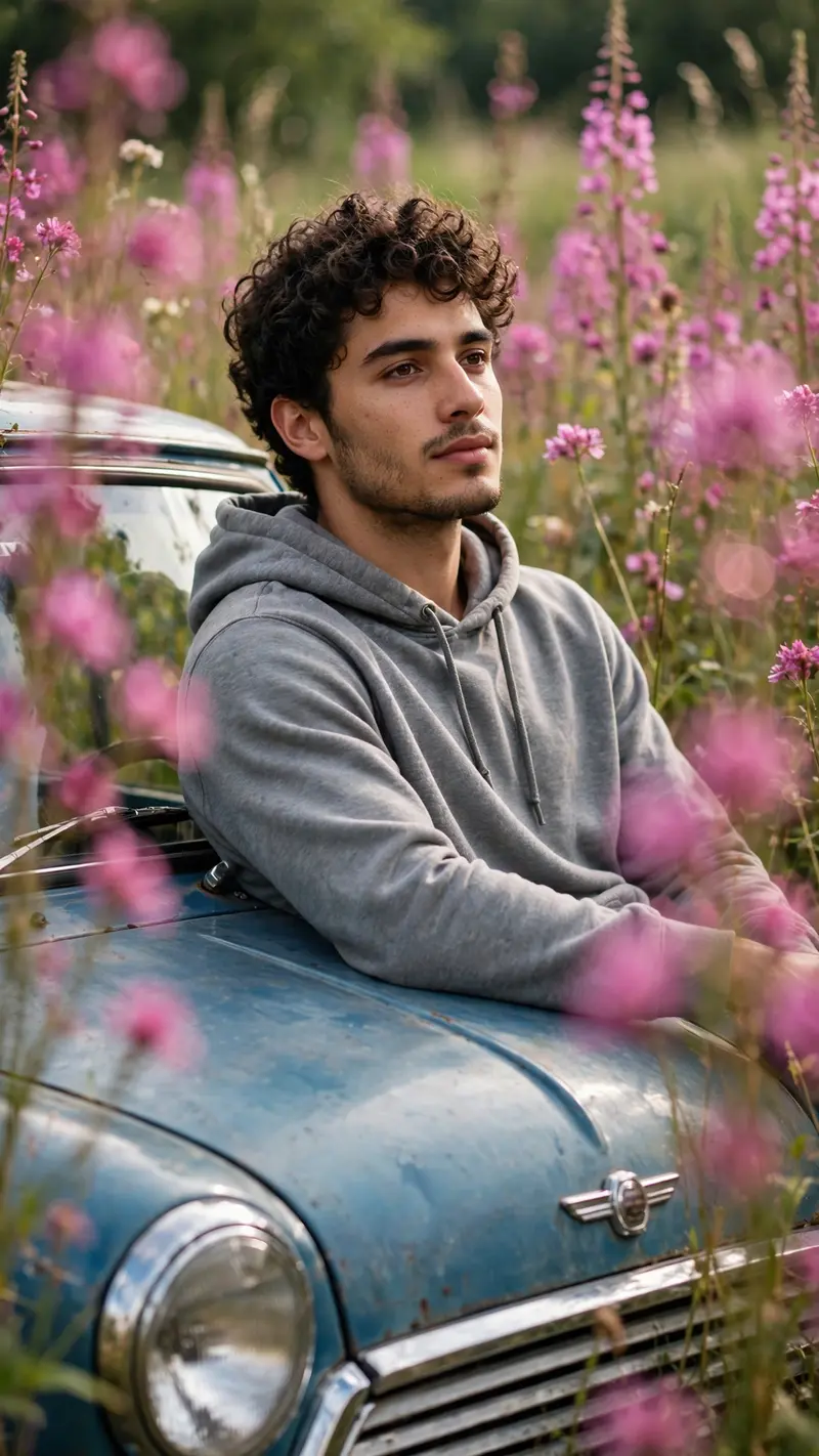 Ultra-realistic editorial close-up portrait, vertical 9:16. Scene: A young man (use uploaded image as face reference) sits relaxed on the hood of an