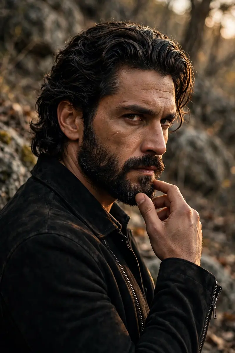 Ultra-realistic cinematic portrait of a rugged and confident man (face and wavy hairstyle will same as uploaded picture) standing outdoors with a