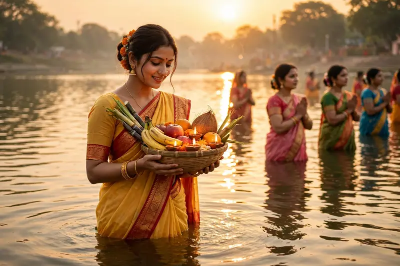 A beautiful Indian woman wearing a traditional yellow saree with red and golden border, standing gracefully in knee-deep river water during Chhath