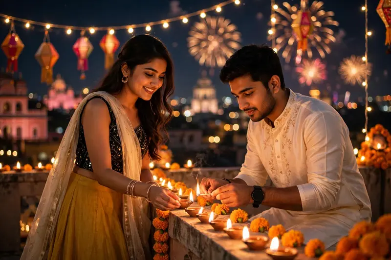 Ultra-realistic DSLR Happy Diwali rooftop portrait of t he same young Indian couple (faces, hairstyles, and features must remain 100% identical to