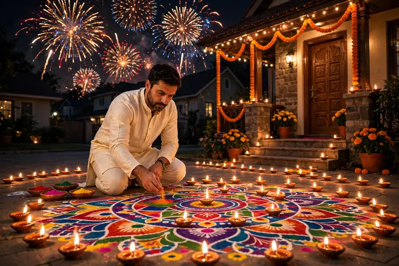 There is a man who is making a huge rangoli in front of his house in traditional. Cream kurta and pajama and at that time it is the festival of