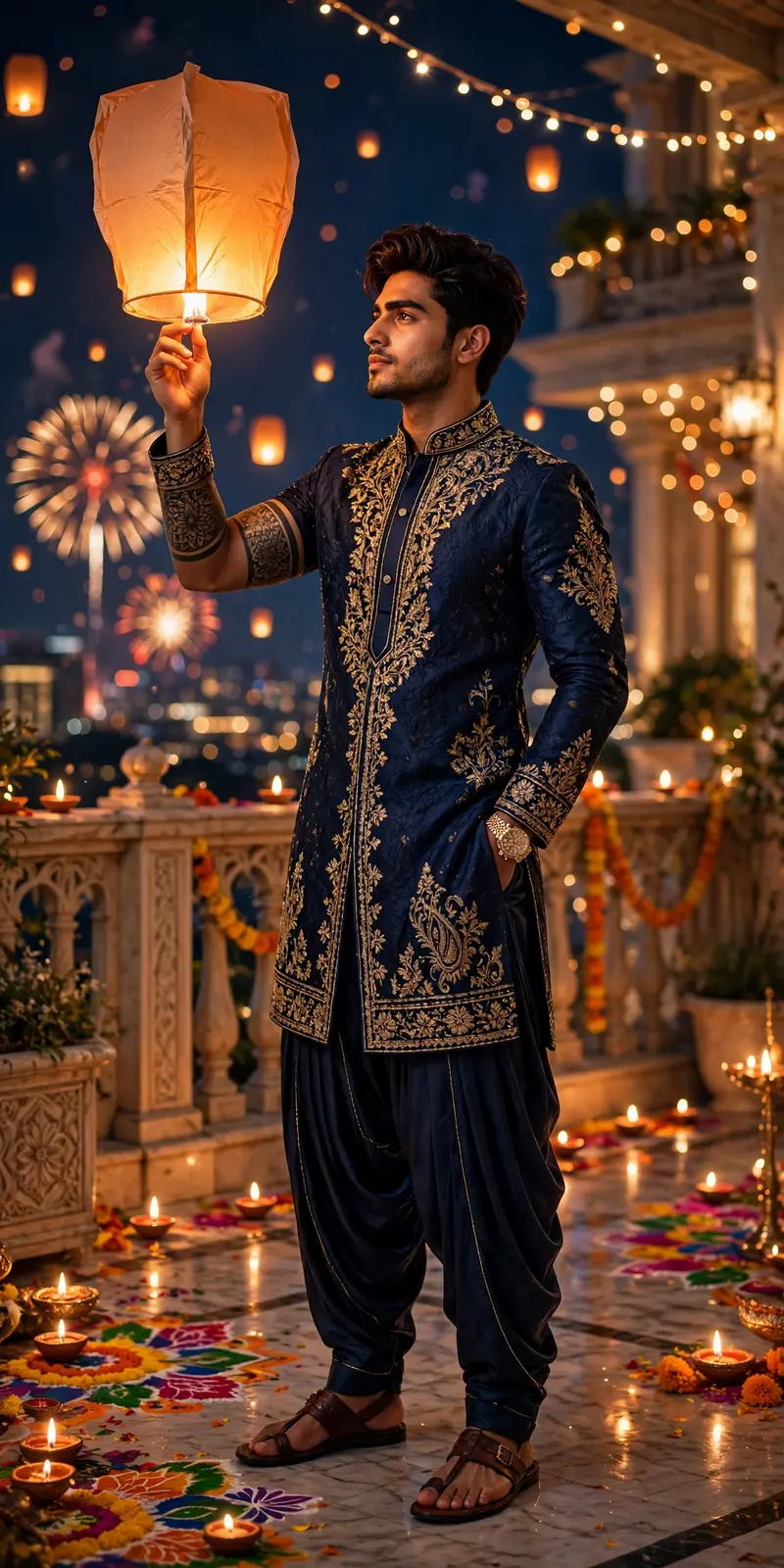Ultra hyper-realistic, eye-level full-body vertical portrait of a handsome young man standing outdoors on a lavish terrace outside a bangle, lifting