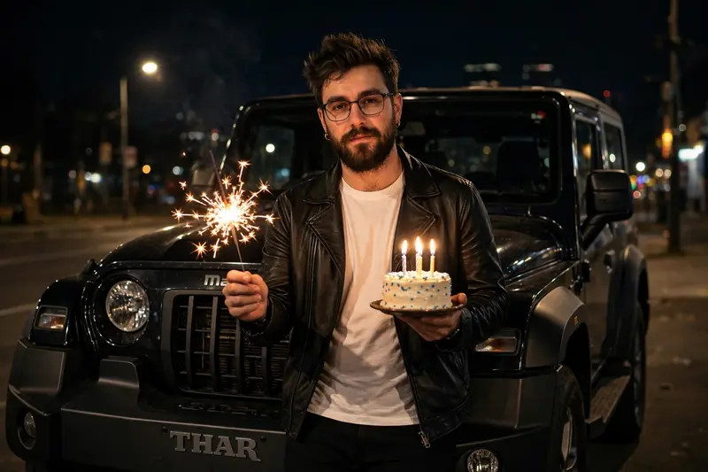 Create a Image and I want 100 percent same face as I uploaded image no alteration, i am man stands in front of a Black THAR at night, holding a lit