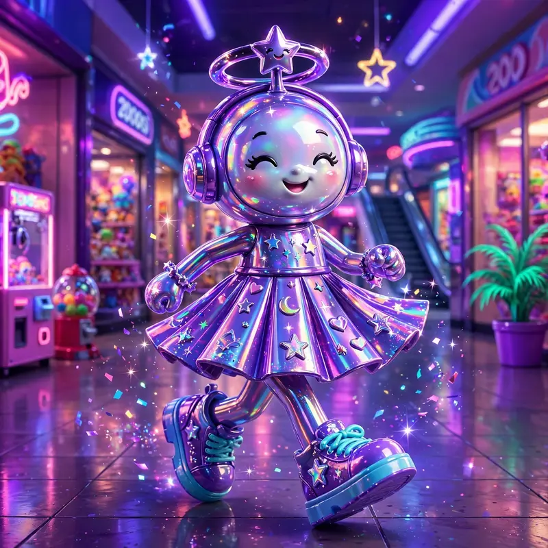a mini-skirt icon strutting down a mall corridor in candy-coated 2000s commercial art, frozen in a flash of early-2000s magic. Blacklight ultraviolet