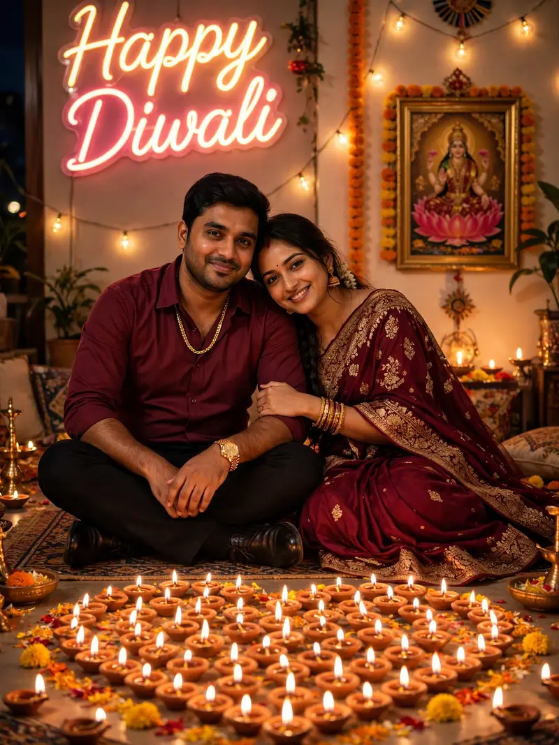 Ultra realistic HD Diwali festival scene, A couple celebrating Diwali, Both face must remain exactly the same as in the reference photo, no face