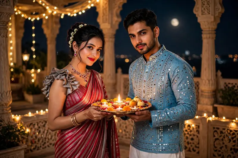 Ultra hyper-realistic DSLR cinematic half-body portrait of a 20-year-old slim-fit Indian couple on a luxurious royal terrace at night, celebrating