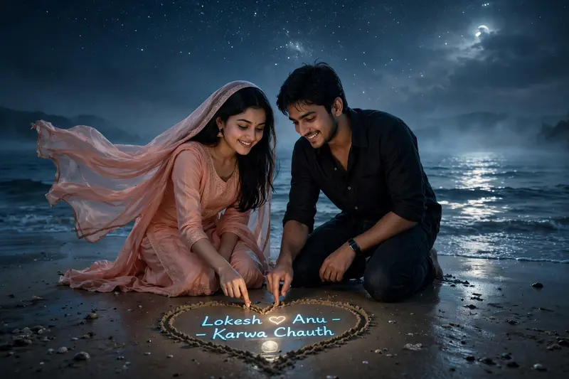 Ultra-realistic cinematic midnight seaside romance scene under a starry sky. A boy and girl (faces 100% matching their reference photos) kneel on wet