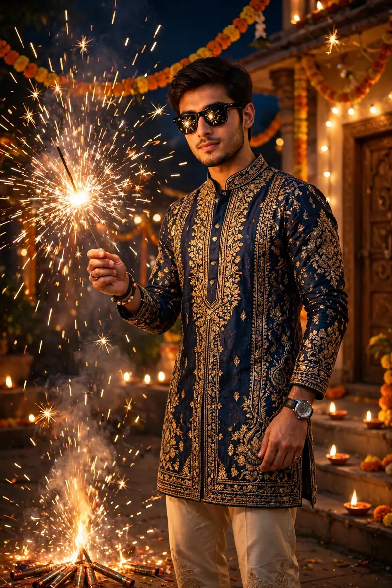 Full-body, ultra-realistic cinematic portrait of a handsome young man (face perfectly matching the uploaded reference image wearing black sunglasses