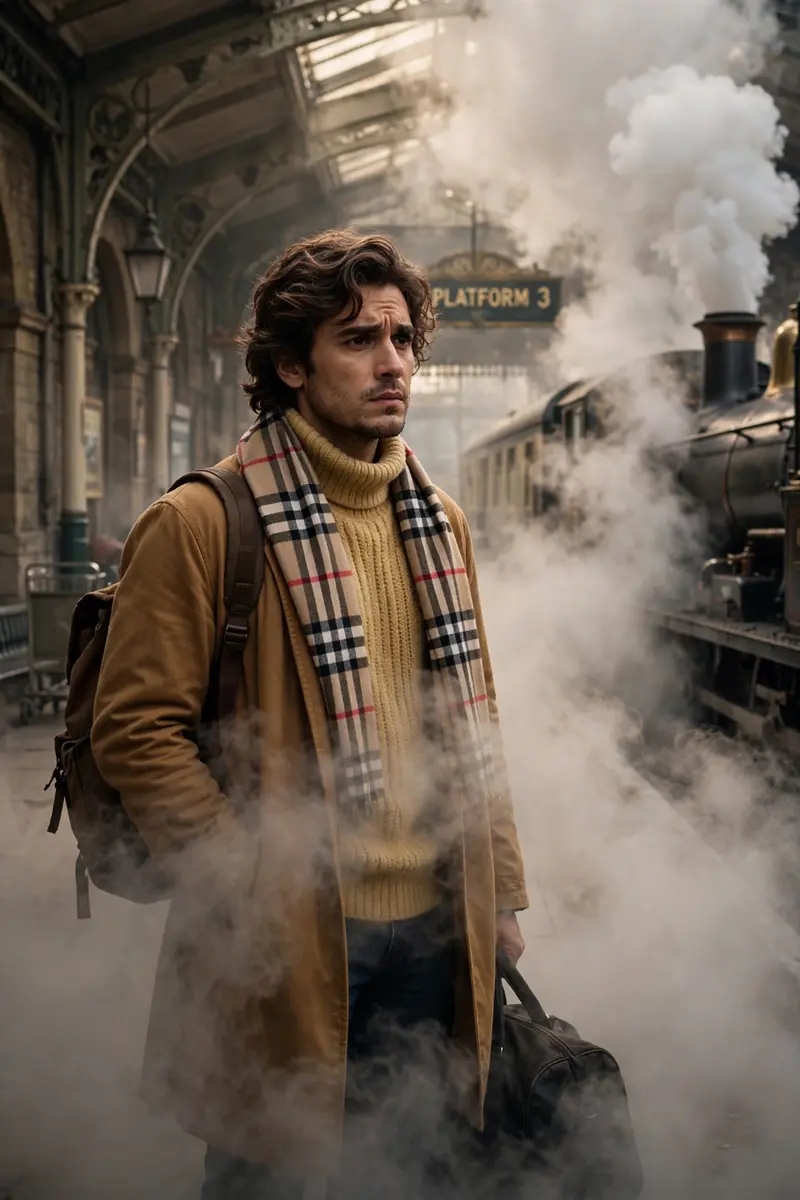 He is ( face and wavy hairstyle will same as uploaded picture) dressed in a warm, layered, cold-weather outfit. His attire consists of a chunky