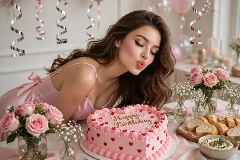 A beautiful young woman with long wavy brown hair styled with volume, wearing a silky light pink satin dress with thin straps and a bow on the side