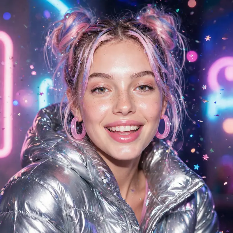 Playful bubblegum pop-art style portrait of a model in a metallic puffer jacket, glitter drifting through the air. Neon-sign pastel wash bathes the
