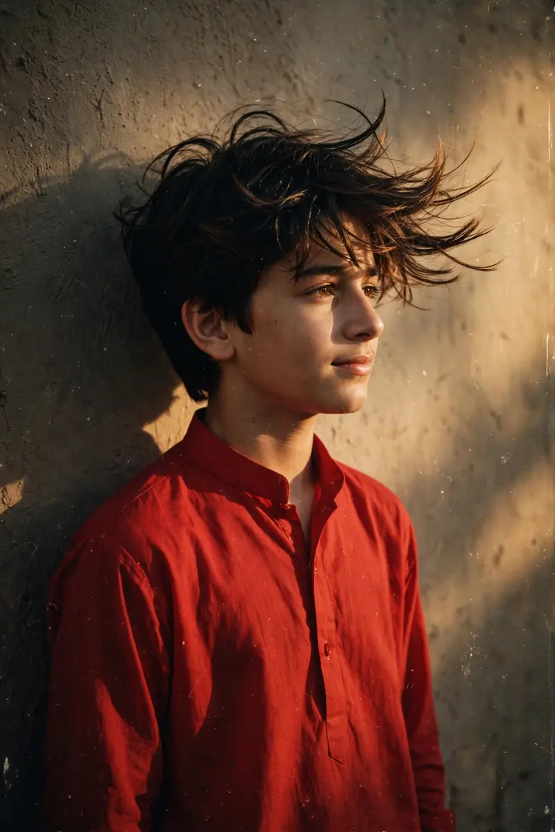 Create a retro vintage grainy but bright image based on the reference picture but with the boy wearing a perfect plain red kurta in a Pinterest