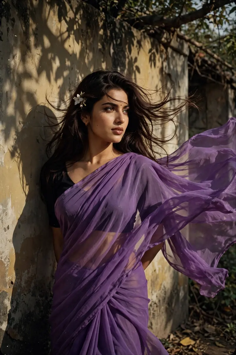 Create a retro, vintage-inspired image - grainy yet bright - based on the reference picture. The girl should be draped in a perfect purple chiffon