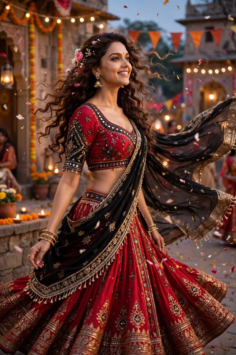 In a perfect Navratri dress red color ghagra choli with black dupatta Pinteresty aesthetic look. It must feel like a nagada baje song deepika