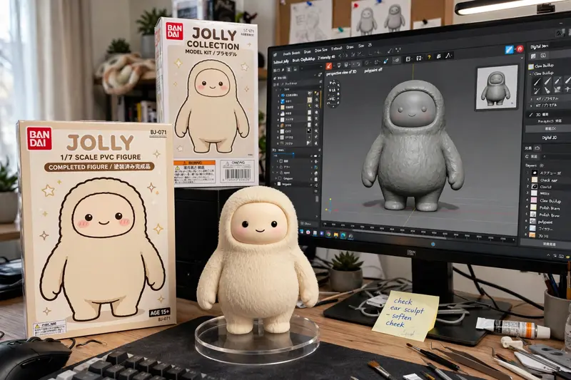 A 1/7 scale realistic PVC figurine of a character (from reference picture) placed on a computer desk. The figurine stands on a round transparent