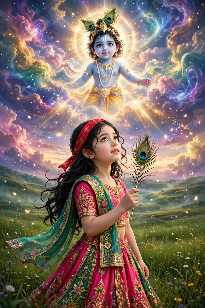 Create a digitally edited fantasy-style portrait of a young cute girl wearing a vibrant lehenga, standing in a green field. He is holding a peacock