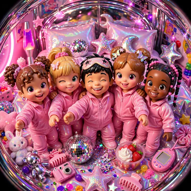 shiny plastic-toy render style snapshot of a slumber-party crew in matching velour tracksuits, pure millennium-era energy. Soft bubblegum-pink key