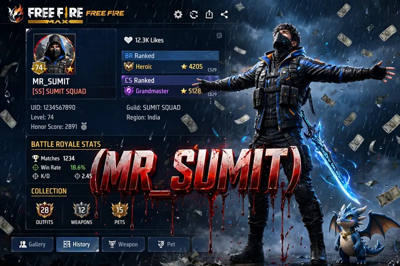 Create a cinematic digital poster for a Free Fire MAX player. In the background, clearly display the uploaded profile screenshot without hiding or