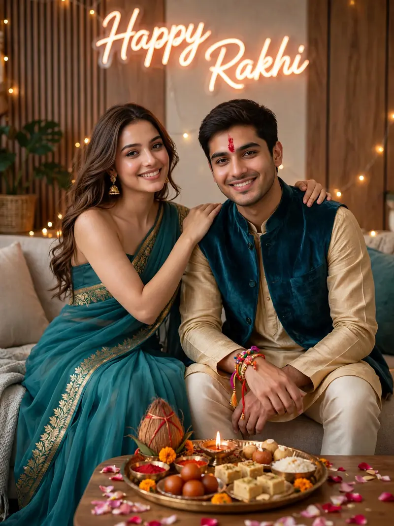A high-resolution vertical photograph of a brother and sister sitting side by side on a low couch, smiling warmly at the camera during Raksha