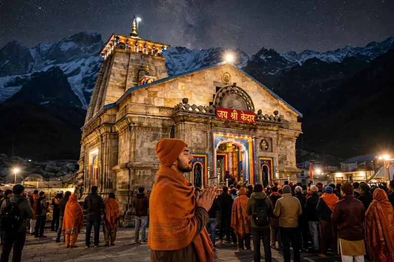 “Nighttime view of Kedarnath Temple with clear starry sky in the background, beautifully lit temple in , a young male devotee in orange woolen shawl